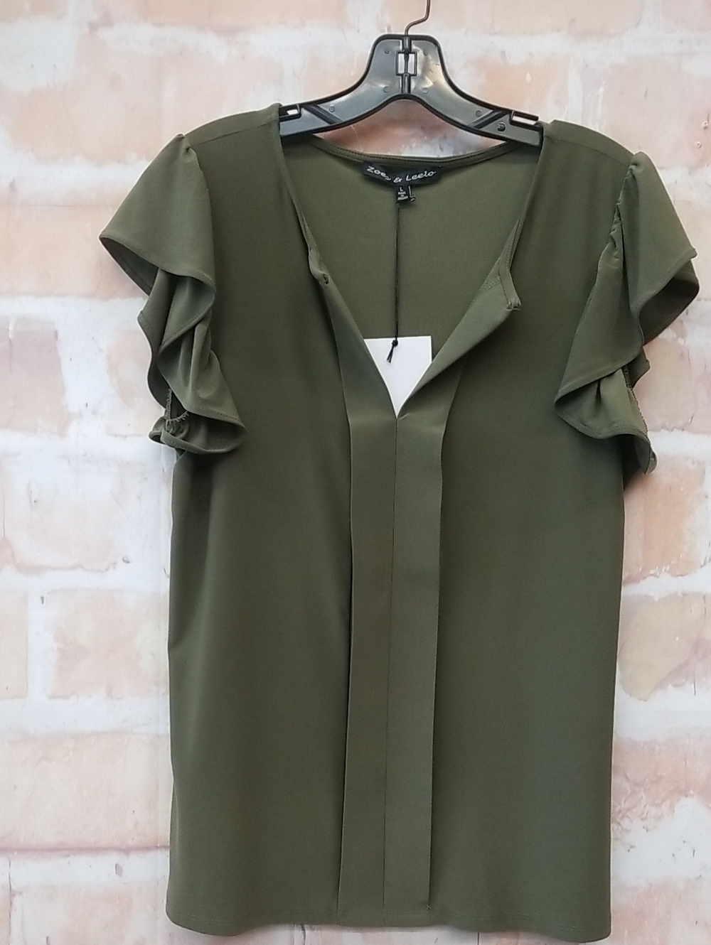 NWT Zoey & Leelo Olive Ruffle Sleeve V-Neck Blouse